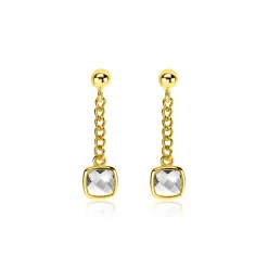 25mm ZINZI gold plated zilveren oorstekers met gourmet kettinkje en vierkante zetting bezet met witte zirconia ZIO2417Y
