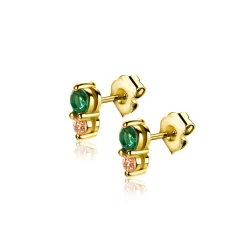 6,5mm ZINZI gold plated zilveren oorknoppen ronde chatonzettingen diepgroene en champagne kleurstenen ZIO2562