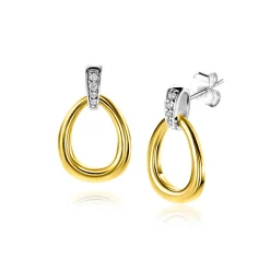 19mm ZINZI gold plated zilveren bicolor oorstekers druppelvorm glad met witte zirconia's ZIO1709Y