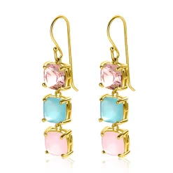 43mm ZINZI gold plated zilveren oorhangers met drie trendy vierkante kleurstenen in roze en turquoise ZIO2454