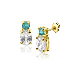 12mm ZINZI gold plated zilveren oorstekers, bezet met een kleine ronde blauwe kleursteen en ovale witte zirconia ZIO2438