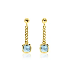 25mm ZINZI gold plated zilveren oorstekers met gourmet kettinkje en vierkante zetting bezet met indigo blauwe kleursteen ZIO2417G