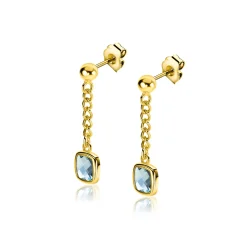 25mm ZINZI gold plated zilveren oorstekers met gourmet kettinkje en vierkante zetting bezet met indigo blauwe kleursteen ZIO2417G