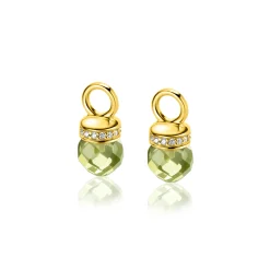 15mm ZINZI gold plated zilveren oorbedels met ronde groen peridot kleurstenen en bezet met witte zirconia's ZICH2428 (zonder oorringen)