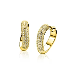 17mm ZINZI gold plated zilveren oorringen volledig bezet met pavé gezette witte zirkonia’s in een vloeiende lijn, luxe klapsluiting ZIO2883Y