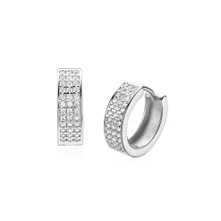 13mm ZINZI zilveren brede oorringen bezet met drie rijen schitterende witte zirkonia’s, luxe klapsluiting ZIO2862