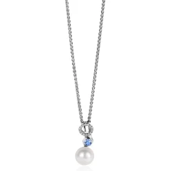 20mm ZINZI zilveren hanger met witte parel, ronde lichtblauwe kleursteen en open rondje bezet met witte zirconia's ZIH2442 (zonder collier)