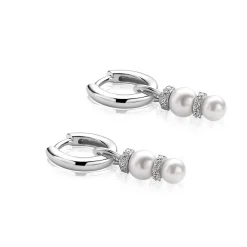 16mm ZINZI zilveren oorbedels met twee witte parels onder elkaar waarbij de top is bezet met witte zirconia's ZICH2864 (zonder oorringen)