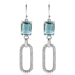 58mm ZINZI zilveren oorhangers met schitterende ovale schakel, bezet met witte zirconia's en groenachtig blauwe (petrol) kleursteen in vierpootszetting ZIO2487L