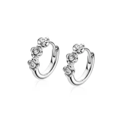 13mm ZINZI zilveren oorringen met drie roosjes, bezet met witte zirkonia’s, luxe klapsluiting ZIO2873