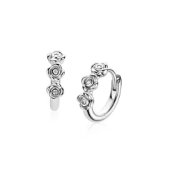 13mm ZINZI zilveren oorringen met drie roosjes, bezet met witte zirkonia’s, luxe klapsluiting ZIO2873