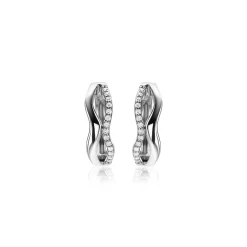 15mm ZINZI zilveren oorringen organisch gevormd met twee golvende banen, waarvan één bezet met witte zirconia's, met luxe klapsluiting ZIO2629