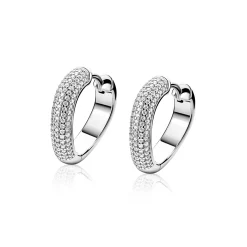 17mm ZINZI zilveren oorringen volledig bezet met pavé gezette witte zirkonia’s in een vloeiende lijn, luxe klapsluiting ZIO2883