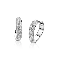 17mm ZINZI zilveren oorringen volledig bezet met pavé gezette witte zirkonia’s in een vloeiende lijn, luxe klapsluiting ZIO2883