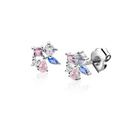 8mm ZINZI zilveren oorstekers bezet met een speelse combinatie van witte, roze, paarse en blauwe kleurstenen in verschillende slijpvormen ZIO2866