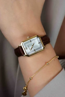 ZINZI Allure horloge 30mm achthoekige goudkleurige kast, zilvergekleurde wijzerplaat en bruine leren band, Japans uurwerk ZIW2533B
