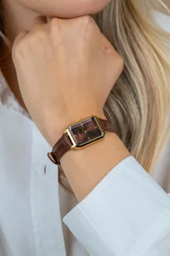ZINZI Allure horloge 30mm achthoekige kast, bruine wijzerplaat, geelgoudkleurige kast en leren band, Japans uurwerk ZIW2536B