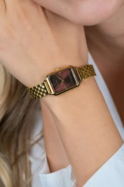 ZINZI Allure horloge 30mm achthoekige kast, bruine wijzerplaat, geelgoudkleurige stalen kast en band, Japans uurwerk ZIW2536
