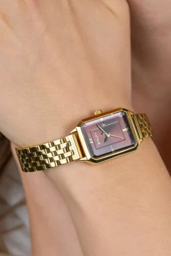 ZINZI Allure horloge 30mm achthoekige kast, bruine wijzerplaat, geelgoudkleurige stalen kast en band, Japans uurwerk ZIW2536