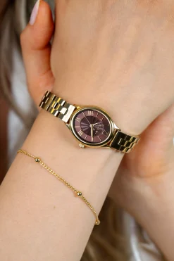 ZINZI Belle Ovale 26mm geelgoudkleurig horloge bruine wijzerplaat en stalen schakelband, Japans uurwerk ZIW2936