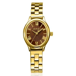 ZINZI Belle Ovale 26mm geelgoudkleurig horloge bruine wijzerplaat en stalen schakelband, Japans uurwerk ZIW2936