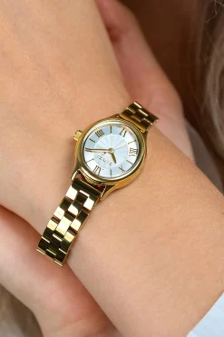 ZINZI Belle Ovale 26mm geelgoudkleurig horloge zilverkleurige wijzerplaat en stalen schakelband, Japans uurwerk ZIW2933