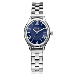 ZINZI Belle Ovale 26mm zilverkleurig horloge blauwe wijzerplaat en stalen schakelband, Japans uurwerk ZIW2955