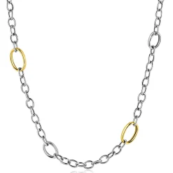 ZINZI bicolor zilveren schakelketting 70cm met drie ovale goldplated schakels ZIC2785