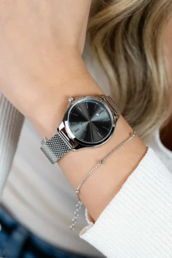 ZINZI Classy horloge 34mm grijze wijzerplaat stalen kast en meshband, datum ZIW1024M