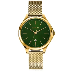ZINZI Classy horloge 34mm groene wijzerplaat goudkleurige stalen kast en meshband, datum ZIW1035M