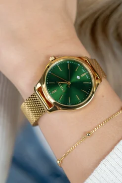 ZINZI Classy horloge 34mm groene wijzerplaat goudkleurige stalen kast en  meshband, datum ZIW1035M