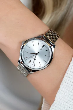 ZINZI Classy horloge 34mm zilverkleurige wijzerplaat stalen kast en band datum ziw1002