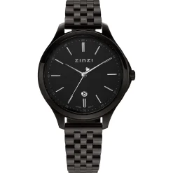 ZINZI Classy horloge 34mm zwarte wijzerplaat zwarte stalen kast en band, datum ziw1037