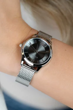 ZINZI Classy Mini horloge 30mm grijze wijzerplaat stalen kast en meshband ZIW1224M