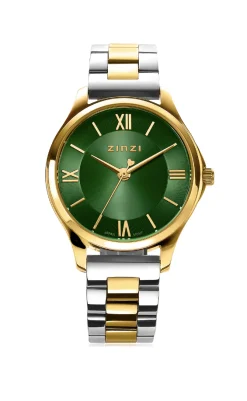 ZINZI Classy Mini horloge 30mm groene wijzerplaat goudkleurige stalen kast en bicolor band ziw1235