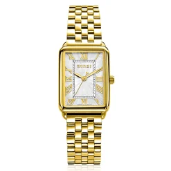 ZINZI Elegance bicolor horloge witte wijzerplaat en rechthoekige goudkleurige  kast en geel vergulde stalen schakelband 28mm extra dun ZIW1907GB