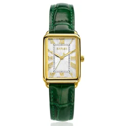 ZINZI Elegance bicolor horloge witte wijzerplaat en rechthoekige goudkleurige kast en groene leren band 28mm extra dun ZIW1907G