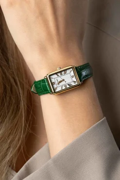 ZINZI Elegance bicolor horloge witte wijzerplaat en rechthoekige goudkleurige  kast en groene leren band 28mm extra dun ZIW1907G