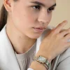 ZINZI Elegance bicolor horloge witte wijzerplaat en rechthoekige goudkleurige  kast en bicolor stalen schakelband 28mm extra dun ZIW1907
