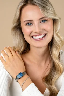 ZINZI Elegance horloge blauwe wijzerplaat en rechthoekige kast stalen schakelband 28mm extra dun ZIW1955