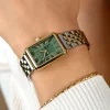 ZINZI Elegance horloge groene wijzerplaat en rechthoekige kast stalen bicolor schakelband 28mm extra dun ZIW1935