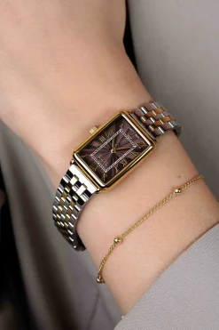 ZINZI Elegance horloge 28mm bruine wijzerplaat en rechthoekige kast stalen bicolor schakelband Japans uurwerk ZIW1936