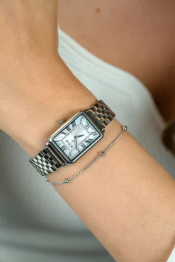 ZINZI Elegance horloge witte wijzerplaat en rechthoekige kast stalen schakelband 28mm extra dun ZIW1906