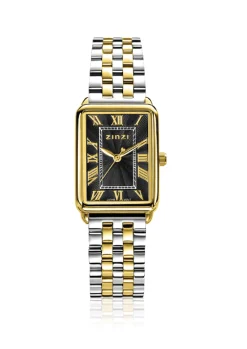ZINZI Elegance horloge zwarte wijzerplaat en rechthoekige kast stalen bicolor schakelband 28mm extra dun ZIW1943
