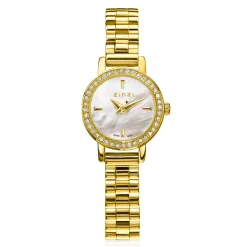 ZINZI Etoile horloge 20mm parelmoer wijzerplaat goudkleurige stalen kast rondom bezet met witte zirkonia's en goudkleurige schakelband ZIW3234