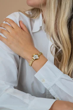 ZINZI Etoile Nuit horloge 20mm parelmoer wijzerplaat, witte zirkonia's als uur-aanduiding, goudkleurige stalen kast en schakelband, Japans uurwerk ZIW3134