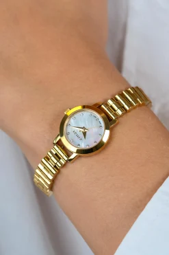 ZINZI Etoile Nuit horloge 20mm parelmoer wijzerplaat, witte zirkonia's als uur-aanduiding, goudkleurige stalen kast en schakelband, Japans uurwerk ZIW3134