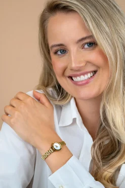 ZINZI Etoile Nuit horloge 20mm parelmoer wijzerplaat, witte zirkonia's als uur-aanduiding, goudkleurige stalen kast en schakelband, Japans uurwerk ZIW3134