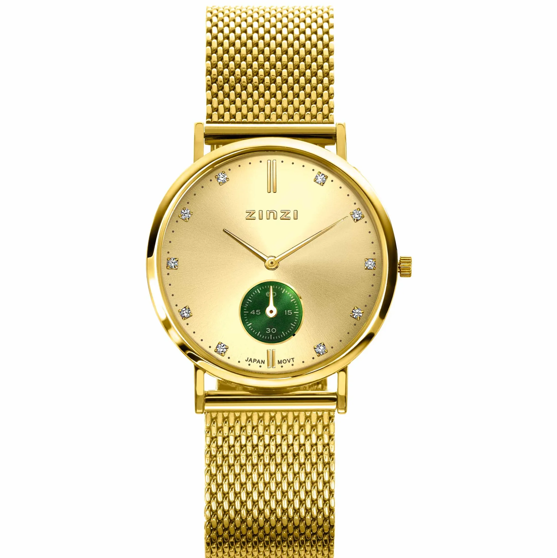 ZINZI Glam horloge groene wijzerplaat stalen kast geelgoudkleurig stalen mesh band geelgoudkleurig 34mm extra dun ZIW535M