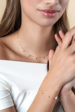 ZINZI Gold 14 krt gouden anker ketting met zeven ronde hangertjes, bezet met witte zirconia's 40-43cm ZGC451